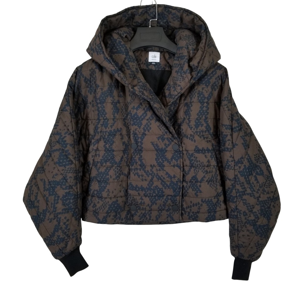 Cabi Python Puffer Jacket Brown‎ Black Snakeskin Print Cropped Hooded 2XS XS